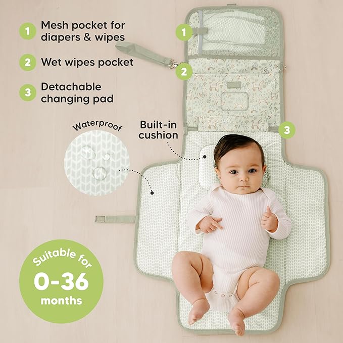 KeaBabies Portable Diaper Changing Pad, Travel, Car - Large Waterproof Baby Changing Mat, Wipeable, Padded, On The Go Travel Diaper Clutch Bag, Easy to Use Pockets for Newborn Essentials (Fox Vale)