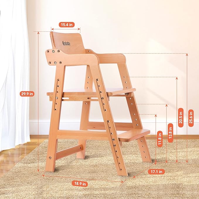 Ezebaby Wooden High Chair for Toddlers to Teens Adjustable Kids Learning Chair with Steps, Child Seats with Removable Cushion (Natural Color)
