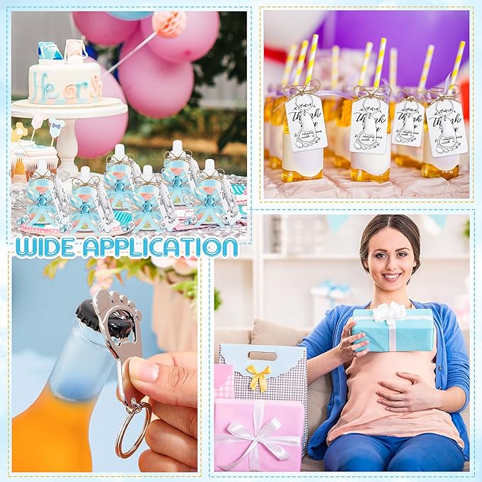 Sunnyray 150 Pcs Baby Shower Party Gift Bottles Games 50 Mini Milk Baby Bottles 50 Footprint Bottle Openers 50 Thank You Tag for Girl Boy Baby Shower Party Guest Return Gifts(Blue, Silver)