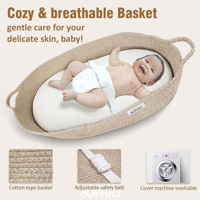 Baby Changing Basket Foldable Baby Changing Pad and Waterpoof Cover, Premium Handmade Cotton Rope Reinforced Moses Baskets Changing Table Topper, Built-in Security Strap (Warm Brown)