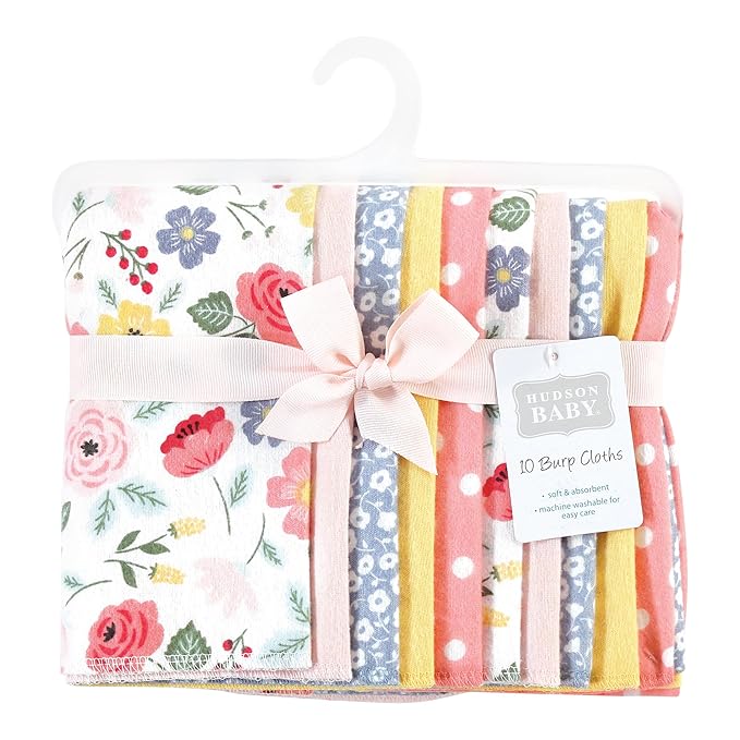 Hudson Baby Unisex Baby Cotton Flannel Burp Cloths, Modern Botanical 10 Pack, One Size