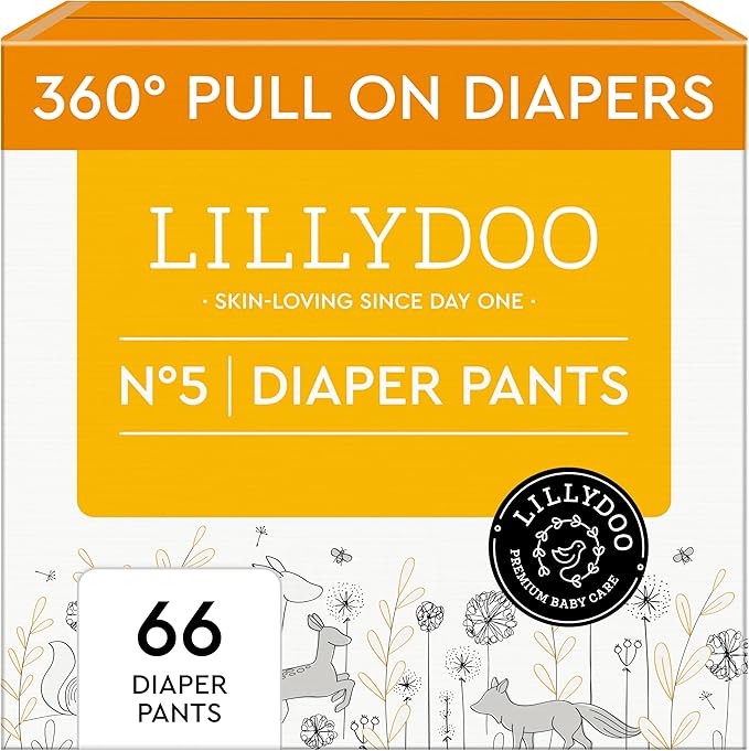 LILLYDOO Diaper Pants Toddlers - Size 5 (24+ lbs), Half-Monthly Supply (66 Count), Skin-Friendly, Ultrasoft, Chlorine-Free, Snug Fit & Absorbent Pull On Diapers