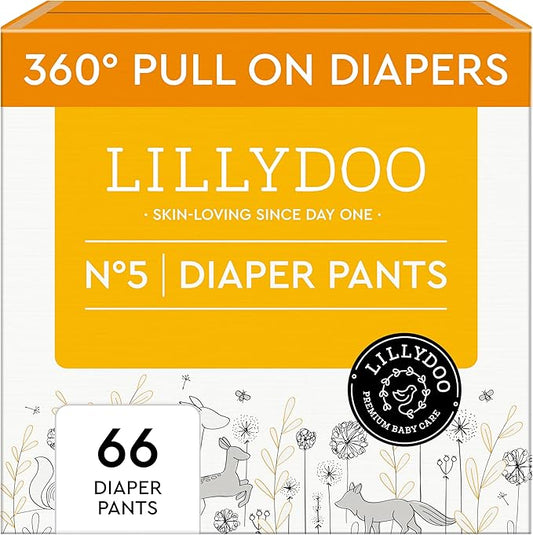 LILLYDOO Diaper Pants Toddlers - Size 5 (24+ lbs), Half-Monthly Supply (66 Count), Skin-Friendly, Ultrasoft, Chlorine-Free, Snug Fit & Absorbent Pull On Diapers