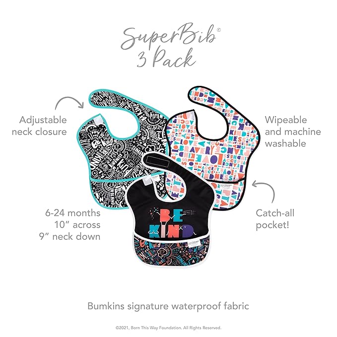 Bumkins Bibs for Girl or Boy, SuperBib Baby and Toddler for 6-24 Months, Essential Must Have for Eating, Feeding, Baby Led Weaning Supplies, Mess Saving Catch Food, Fabric 3-pk Be Kind