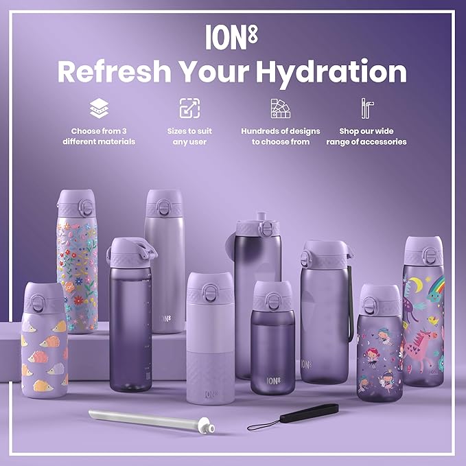 Ion8 Small Water Bottle, 350 ml/12 oz, Leak Proof, Easy to Open, Secure Lock, Dishwasher Safe, BPA Free, Carry Handle, Hygienic Flip Cover, Easy Clean, Odor Free, Carbon Neutral, Light Purple