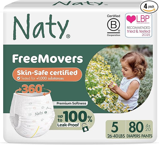 Naty FreeMovers Pull Up Training Pants for Sensitive Skin | Hypoallergenic Potty Training Underwear | Absorbent & Leak-Proof for Toddler | Soft, Unscented| Size 5, 3T–4T (26–40 lbs), 80 Count
