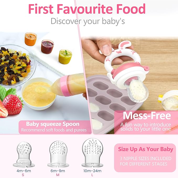 Baby Fruit Feeder Pacifier | Infant Food Feeder Pacifier & Baby Food Dispensing Spoon | Mesh Fresh Fruit Teethers for Babies | Infant Teething Feeders Shower Gifts for Boys and Girls(Blush)