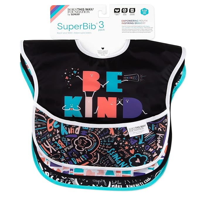 Bumkins Bibs for Girl or Boy, SuperBib Baby and Toddler for 6-24 Months, Essential Must Have for Eating, Feeding, Baby Led Weaning Supplies, Mess Saving Catch Food, Fabric 3-pk Be Kind