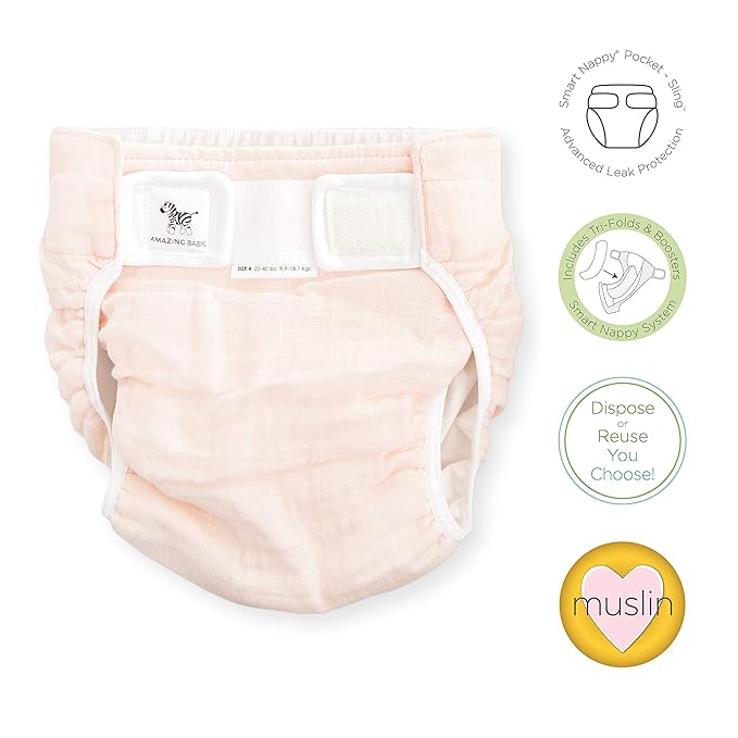 Amazing Baby Hybrid Cloth Diaper Cover With Pocket-Sling, Large, Sz 4 (22-40 lbs), Use With Boosties Inserts, Soft Pink, SmartNappy Set includes Muslin Cover + Tri-fold Insert + Booster Pad
