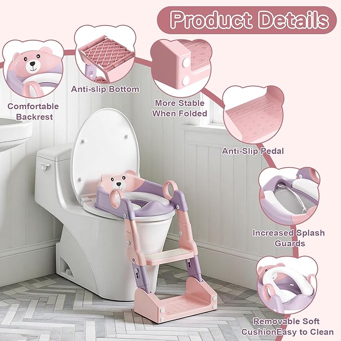 Potty Training Seat,Toddler Toilet Seat for Boys Girls,3-in-1 Potty Training Toilet and Chair with Step Stool Ladder,Anti-Slip Height Adjustable Foldable Splash Guard for Kids (Purple Pink)