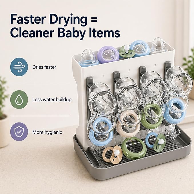 Baby Bottle Organizer and Drying Rack with Silicone Mat & Cleaning Brush - Space Saving Vertical Dryer for Breast Pump Parts, Bottles & Accessories - 12 Hooks, Removable Pacifier Box & Straw Holder