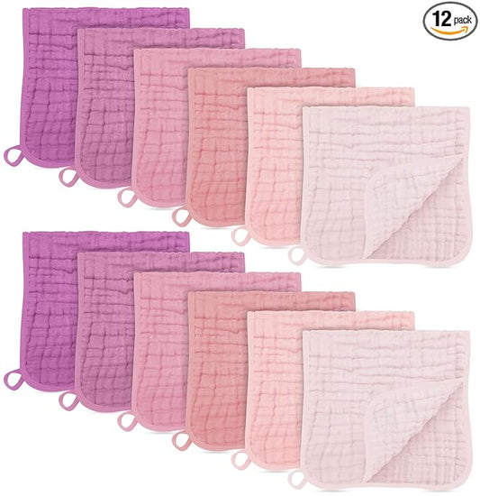 SWEET DOLPHIN 12 Pack Muslin Burp Cloths Large 100% Cotton Burping Clothes for Baby Drool - Absorbent and Soft Boys & Girls Milk Spit Up Rags for Newborn Essentials Registry - Hibiscus Sunset