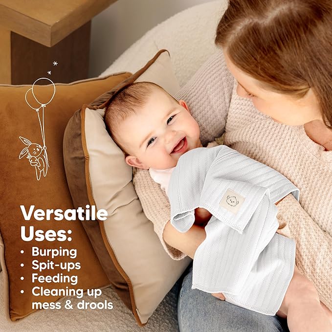 KeaBabies Organic Cotton Burp Cloths Baby Girl, Boy - 6-Pack Large Burping Clothes for Babies, Spit Up Rags, Super Soft & Absorbent Newborn Wash Towels, Gender Neutral, Non-Shrink (Stria, Granite)