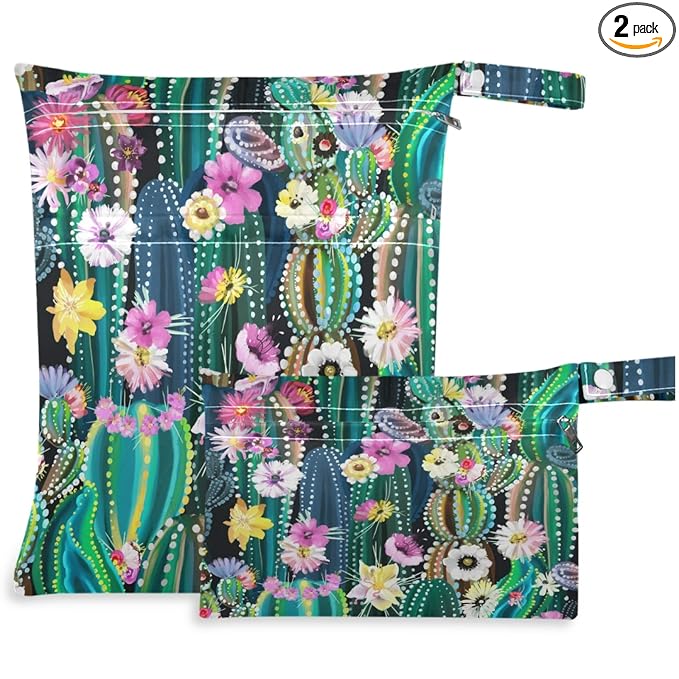 visesunny Green Cactus with Flower 2Pcs Wet Bag with Zippered Pockets Washable Reusable Roomy for Travel,Beach,Pool,Daycare,Stroller,Diapers,Dirty Gym Clothes, Wet Swimsuits, Toiletries
