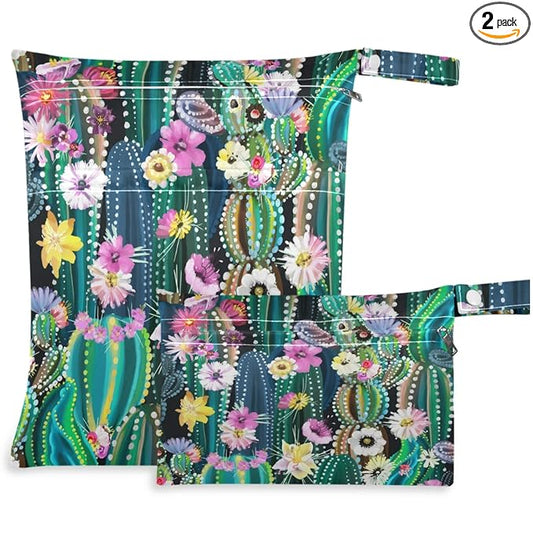 visesunny Green Cactus with Flower 2Pcs Wet Bag with Zippered Pockets Washable Reusable Roomy for Travel,Beach,Pool,Daycare,Stroller,Diapers,Dirty Gym Clothes, Wet Swimsuits, Toiletries