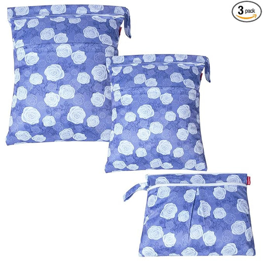 Damero 3Pcs Wet Dry Bag for Cloth Diaper, Swimsuit, Clothes, Ideal for Travel, Exercise, Daycare, Roomy and Water-Resistant(Purple Flowers)