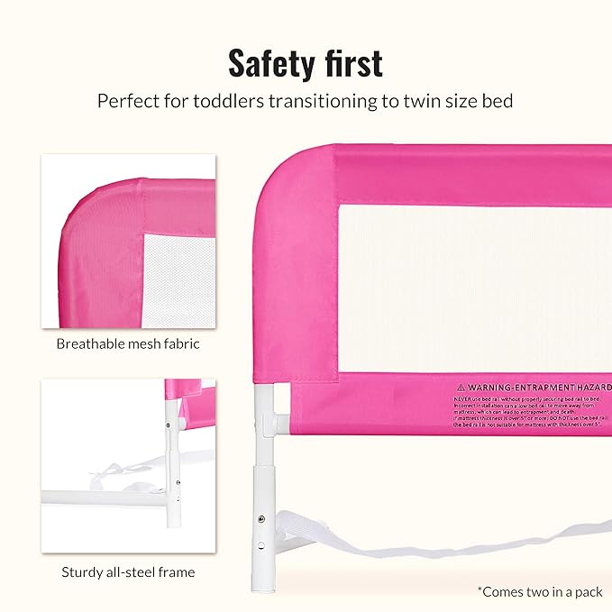 Dream On Me Lightweight Mesh Security Adjustable Bed Rail Double Pack with Breathable Mesh Fabric in Pink, 2 Count (Pack of 1)