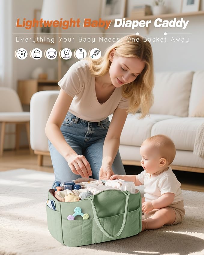 Marscamd Quilted Baby Diaper Caddy with Detachable Dividers and Wipes Pocket, Lightweight Baby Caddy Organizer with Handles and 8 Pockets for Baby Stuff, Green