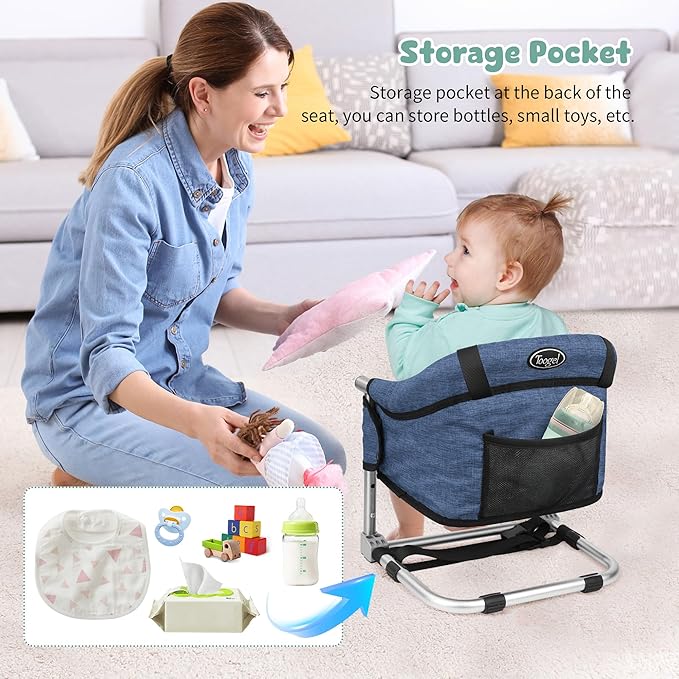 Booster Seat for Dining Table, 3-in-1 Portable Toddler Booster Chair with Safety Buckle, Height Adjustable & Foldable Baby Feeding Seat, Travel High Chair with Storage Pocket - Navy Blue