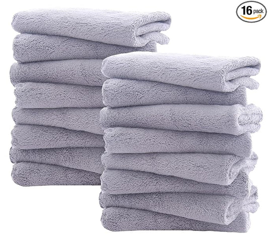 Spotted Play 16 Pack Burp Cloths for Baby - 20" x 10" Ultra Absorbent Coral Fleece Burping Cloths, Newborn Towel - Milk Spit Up Rags - Grey