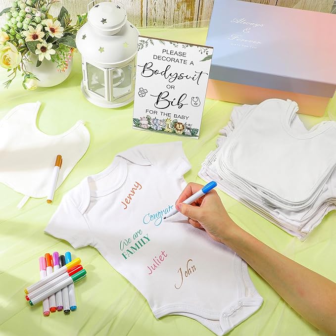 Roowest 35 Pcs Baby Shower Bibs Games Design Wooden Baby Shower Party Game Sign DIY Bodysuit Sign 15 White Blank Bibs 9 Bodysuit 10 Markers for Party Supplies(Jungle)