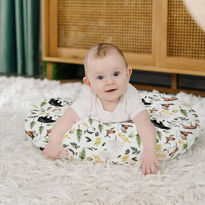 HawSkgFub Forest Animals Creatures Nursing Pillow Cover for Baby Boys, Pine Tree Bear Fox Deer Leaf Breastfeeding Pillow Slipcover, Nursing Pillowcase for Newborn Infant, Cover Only