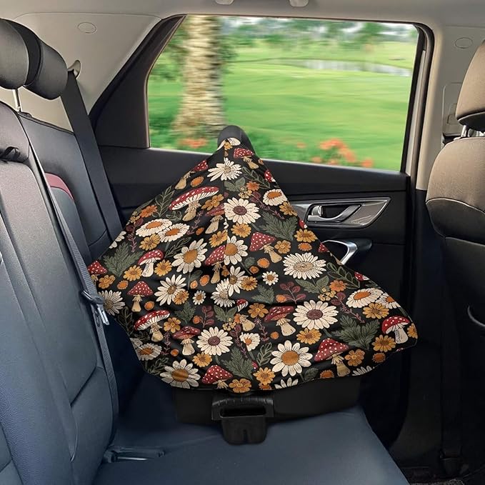 Mushroom Daisy Breathable Nursing Cover Up and Car Seat Cover for Babies Breastfeeding Cover for Baby Boy & Girl Adjustable Stretchy Infant Carseat Canopy Carrier Cover