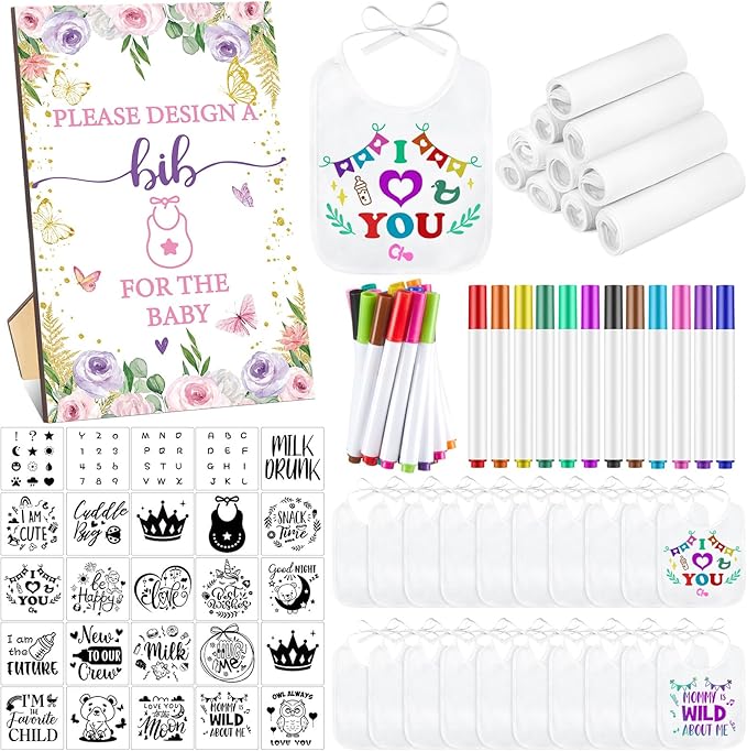 Panitay 100 Pcs DIY Baby Bibs Decorating Kit 50 White Bibs 25 Stencils 24 Markers 1 Baby Shower Game Sign