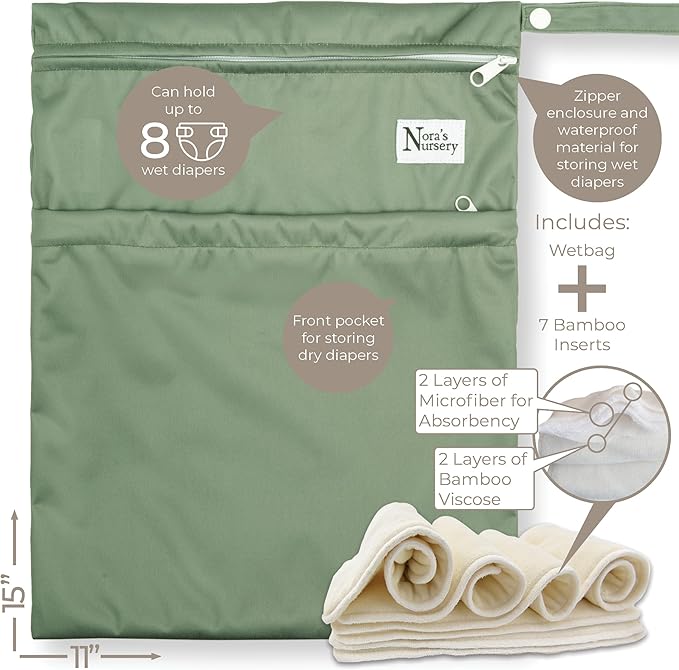 Nora's Nursery AWJ Cloth Diapers 7 Pack with 1 Wet Bag - Waterproof Cover, Washable, Reusable & One Size Adjustable Pocket Diapers for Newborns and Toddlers - Morning Dew