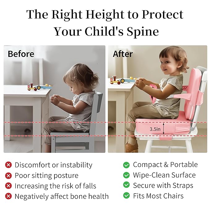 Eiury Toddler Booster Seat for Dining Table – Non-Slip PU Waterproof Cushion with Backrest & Adjustable Straps, Portable Baby Booster Seat (Pink)