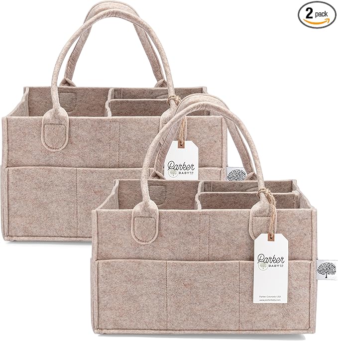 Parker Baby Diaper Caddy Multipack - Set of 2 Nursery Storage Bins and Car Organizers for Diapers, Wipes, and Baby Essentials - Portable and Stylish Diaper Totes - Oatmeal