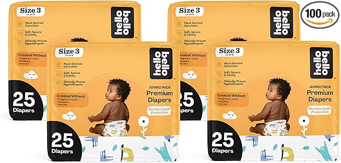 Hello Bello Premium Baby Diapers Size 3 I 25 Count of Disposable, Extra-Absorbent, Hypoallergenic Baby Diapers with Snug and Comfort Fit I Sleepy Sloth (Pack of 4)