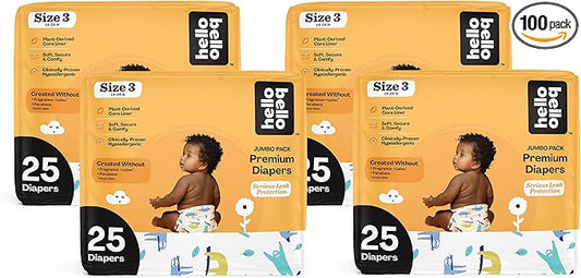 Hello Bello Premium Baby Diapers Size 3 I 25 Count of Disposable, Extra-Absorbent, Hypoallergenic Baby Diapers with Snug and Comfort Fit I Sleepy Sloth (Pack of 4)
