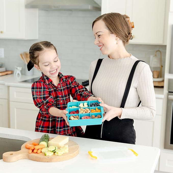 Travel Snack Box for Kids - Customizable Snackbox Container Organization System with Removable Dividers and Fun Silicone Character Decorations - Air-Tight Dishwasher-Friendly Toddler Food Containers