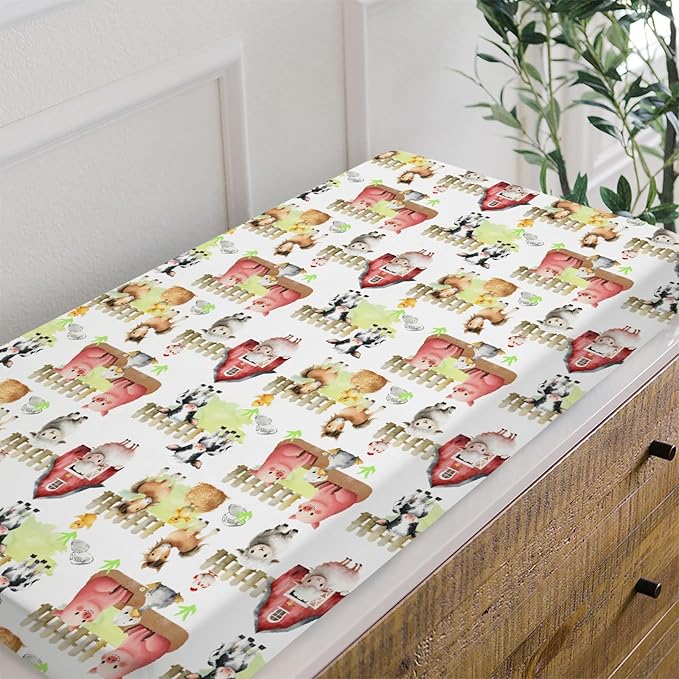 HawSkgFub Farm Animals Life Barn Changing Pad Cover for Baby Girls Boys, Natural Cow Chicken Pig Horse Diaper Change Table Covers, Soft Stretchy Safe Snug Fitted Changing Mat Sheets Fit 32"/34" x 16"