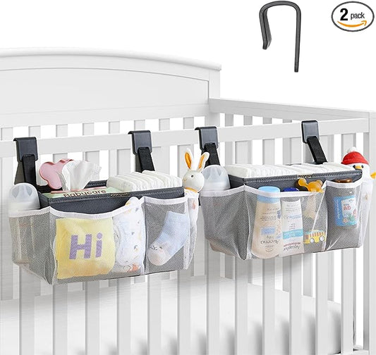 2-Pack Hanging Diaper Organizer for Crib & Changing Table | 50+ Large Capacity Baby Diaper Caddy, Washable Newborn Essentials Organizer for Baby Girl, Ideal Baby Shower Gifts with Hook Straps