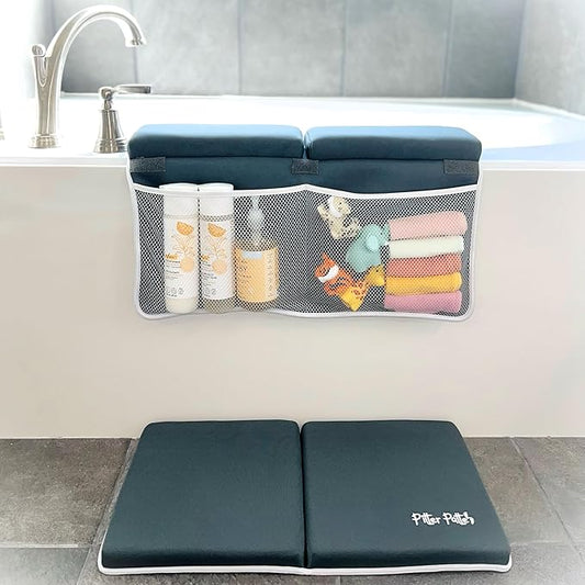 Baby Bath Kneeler and Elbow Rest Pad Set Made of Neoprene & Foam - Non Slip Cushioned Bath Kneeling Pad for Bathing Baby with XL Compartments for Bath Toy Storage for Tub