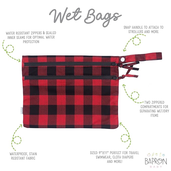 BapronBaby Red Buffalo Plaid Wet Dry Bag - Waterproof Two Zipper Pockets - Reusable for Mealtime, Diapers, Stroller, Snacks, Swimsuits - Machine Washable - 11" x 9"