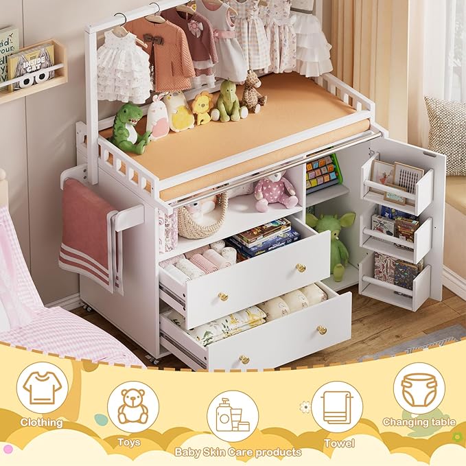 PAKASEPT Baby Changing Table, Infant Diaper Changing Station with Wheels & Wide Table Top & Clothes Rail, Baby Changing Table with Two Drawers and Cabinet for Nursery and Kids