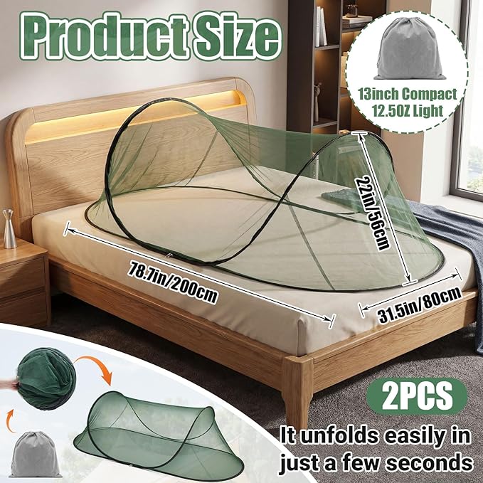 2 Pcs Large Pop up Mosquito Tent Portable Foldable Mosquito Bug Net for Bed Camping Travel Patio Outdoor 78 * 31 * 22 Inch Bug Netting Mesh Tent Canopy for Adults Bedroom, Green