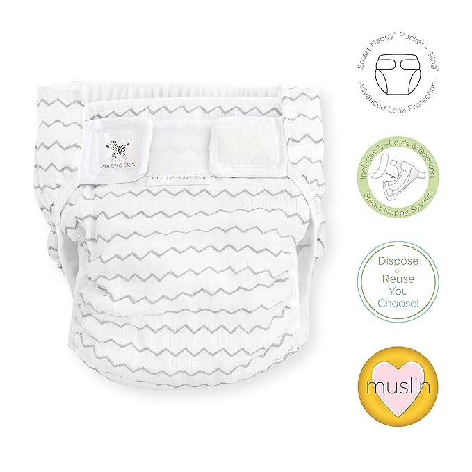 Amazing Baby Hybrid Cloth Diaper Cover with Pocket-Sling, Med, Sz 3 (12-25 lbs), Use with Boosties Inserts, Gray Mini Chevron, SmartNappy Set includes Muslin Cover + Tri-fold Insert + Booster Pad