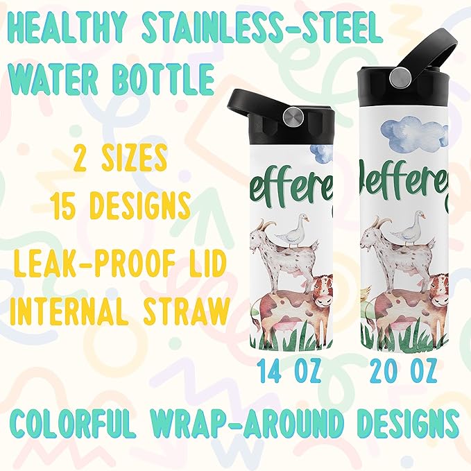 Personalized Kids Water Bottle with Straw Lid - 14 oz - 11 Wraparound Designs, Custom Water Bottle for Children, Back to School Gifts - BPA FREE, Double-Wall Insulated, Birthday Gifts - Mermaid