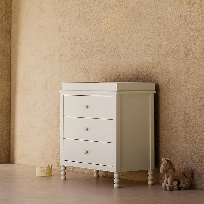 Storkcraft Rio 3 Drawer Chest with Changing Topper (Frosted Oat) – GREENGUARD Gold Certified, Premium Wood Dresser for Baby & Kids Bedroom, Safety Interlocking Drawers, Pre-Installed Tracks