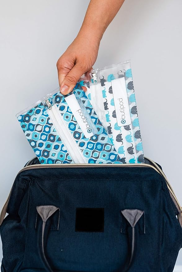 Butipods Reusable Stay Moist Wet Wipe Pouch | Slim Case Travel Holder | Great for Hand and Face Wipes | Set of 2 (Blue Elephants & Ogees)