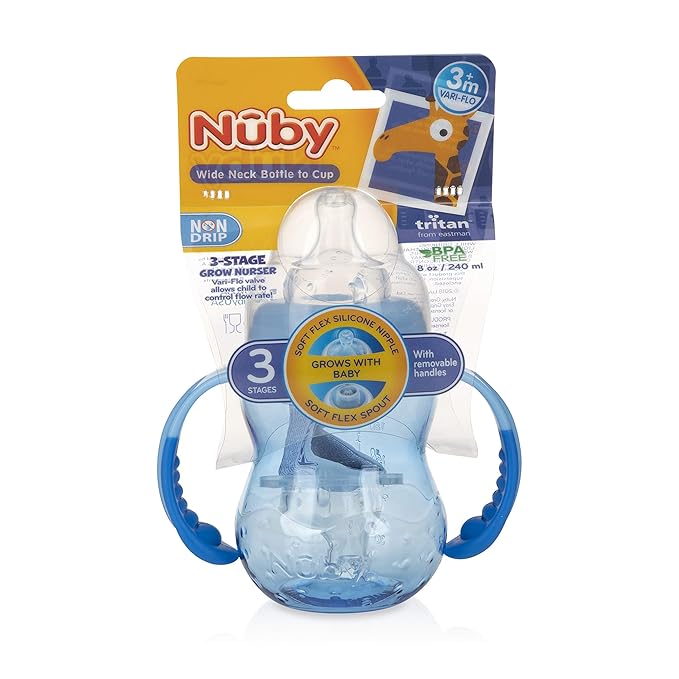 Nuby Non-Drip 3-Stage Wide Neck Bottle to Cup, 8 Ounce, Pack of 1 Cup, Colors May Vary