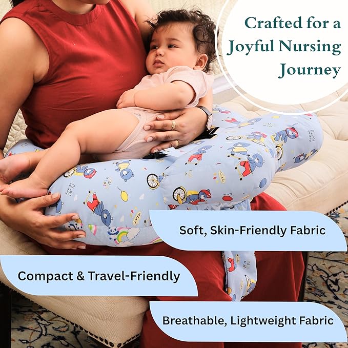 RELY+ Wheelybear Sky Blue Adjustable Nursing Pillow Detachable 100% Cotton Cover | Perfect Support with Plush Polyester Fill | Comfortable for Moms & Babies