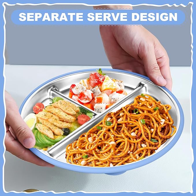 OVV Stainless Steel Kids Plates (2 Pack) 8 Inch Toddler Divided Plates with ﻿Removable Silicone Sleeves & 5 Suction Cups Baby Self Feeding | Mess-Free Mealtime | Dishwasher Safe