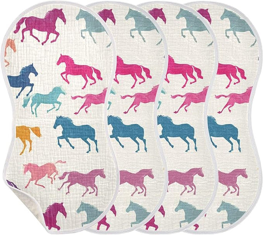 Horses Colorful Burp Cloths Baby Boys Girls Absorbent Soft Cotton Burping Cloths Rags, 4 Pack