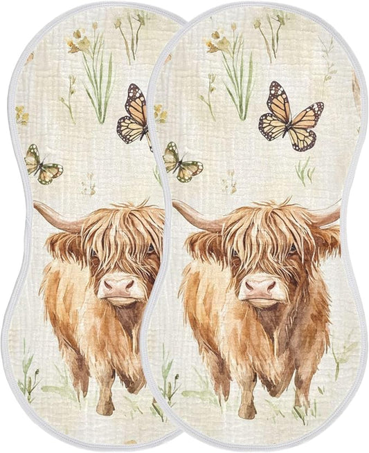 Farm Highland Cow Butterfly Burp Cloths Baby Boys Girls Absorbent Soft Cotton Burping Cloths Rags, 2 Pack