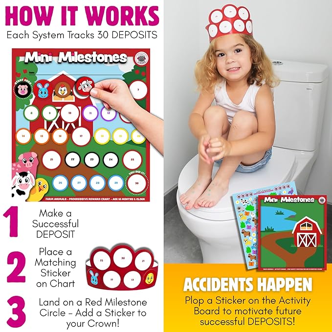 17PC Toddler Farm Animal Potty Training Chart Behavior Chart for Toddlers, Potty Chart, Toddler Reward Stickers, Reward Chart for Kids, Crown & Activity Board by LIL ADVENTS Mini Milestones + eBook